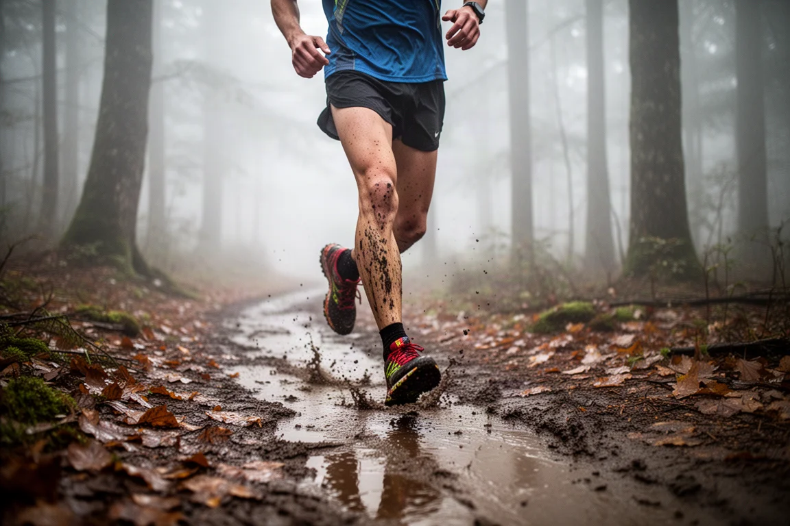 Coureur sur un sentier forestier boueux et humide à la lumière du petit matin