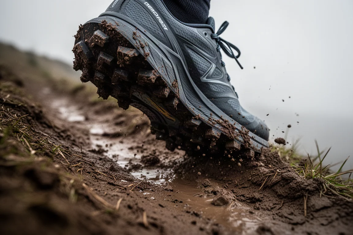 Gros plan sur les crampons profonds d'une chaussure de trail accrochant une montée boueuse
