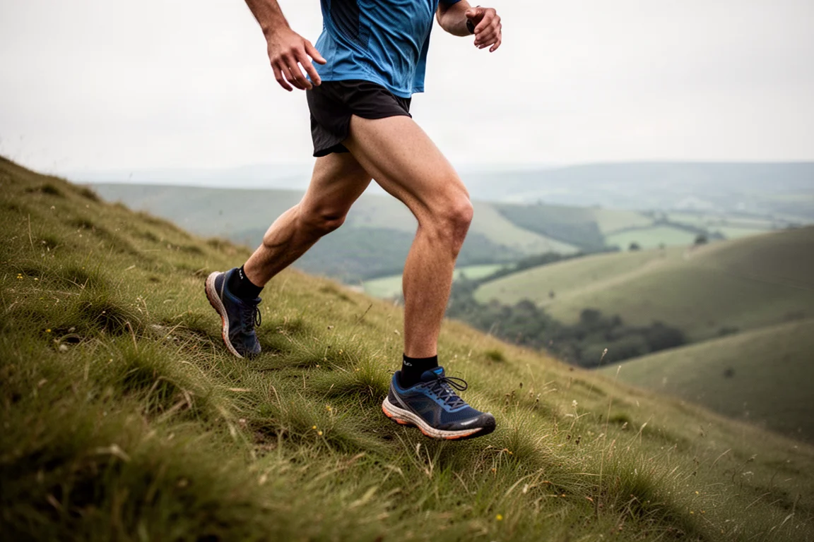 Coureur gravissant une colline herbeuse raide lors d'un trail