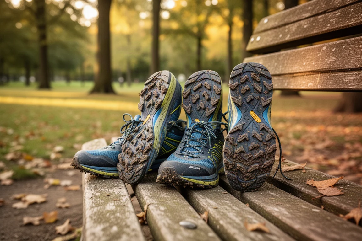 Paire de chaussures de trail posée près d'un banc de parc après une longue sortie