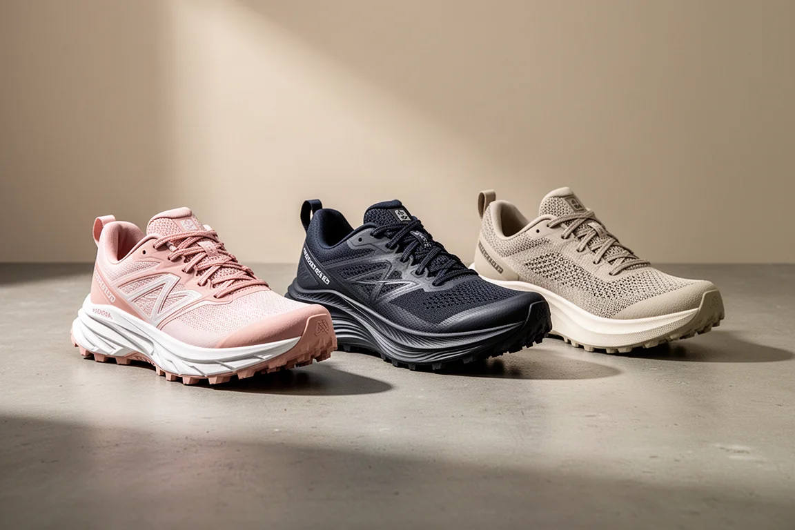 Three trail running shoes arranged side by side on a concrete surface