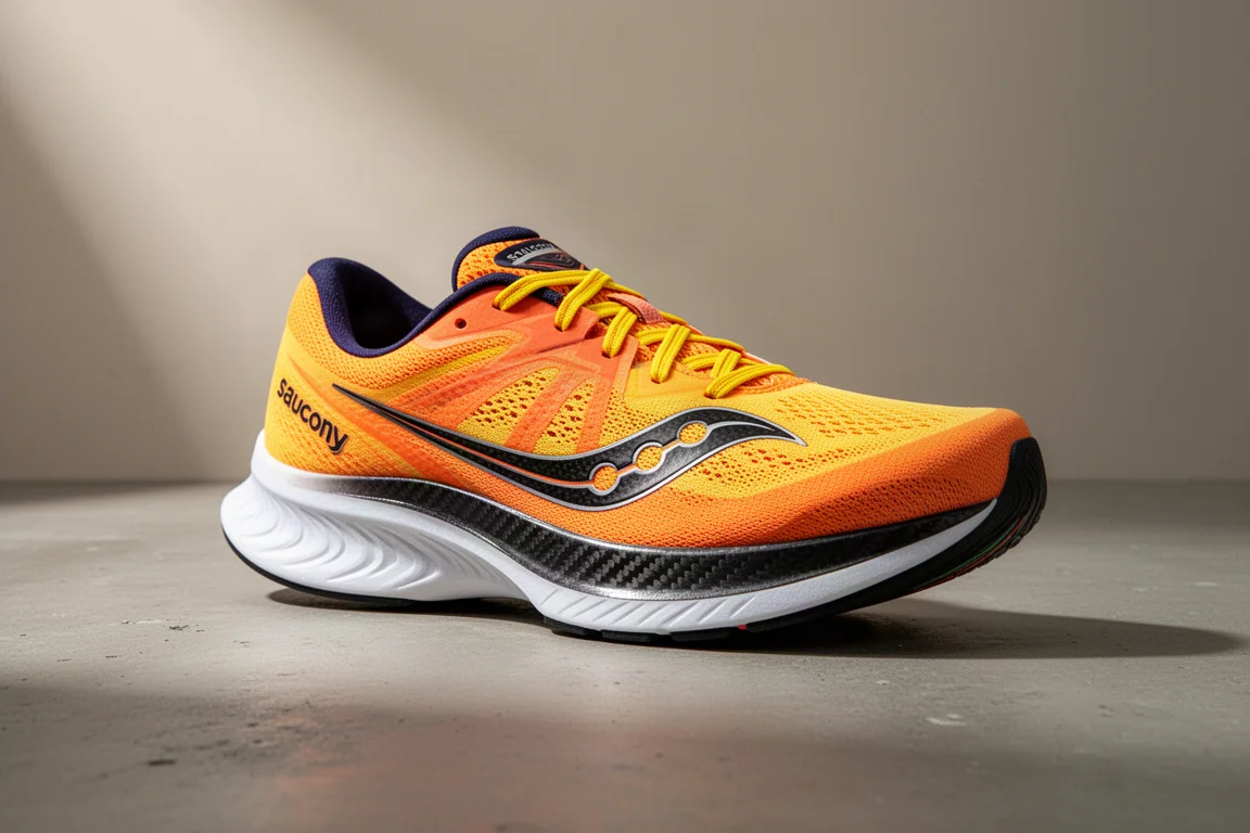 But wyścigowy Saucony Endorphin Elite pod kątem trzech czwartych na betonie