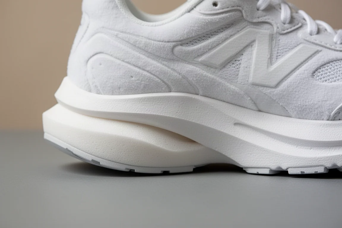 Primer plano de una mediasuela blanca, gruesa y blanda de zapatilla de running comprimiéndose bajo una leve presión