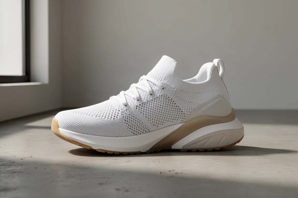 Premium white racing shoe with plush midsole on a concrete surface