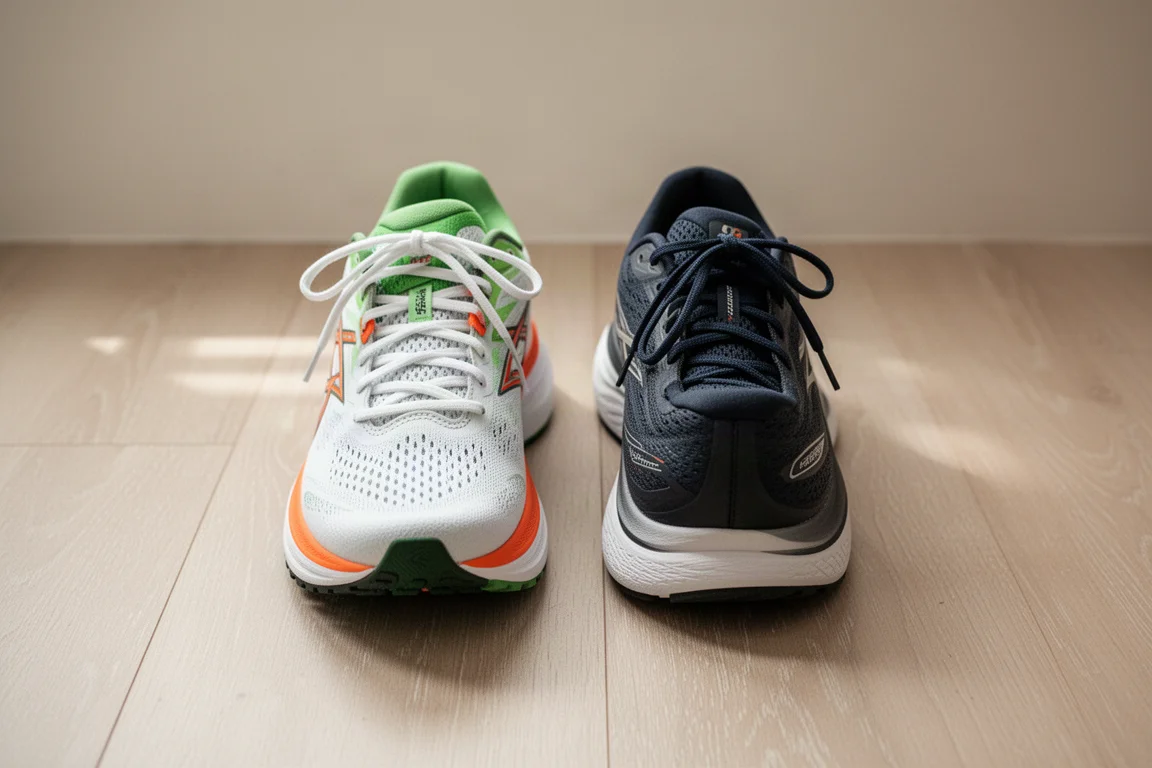 Due scarpe da running disposte suola contro suola per confrontare la lunghezza della punta