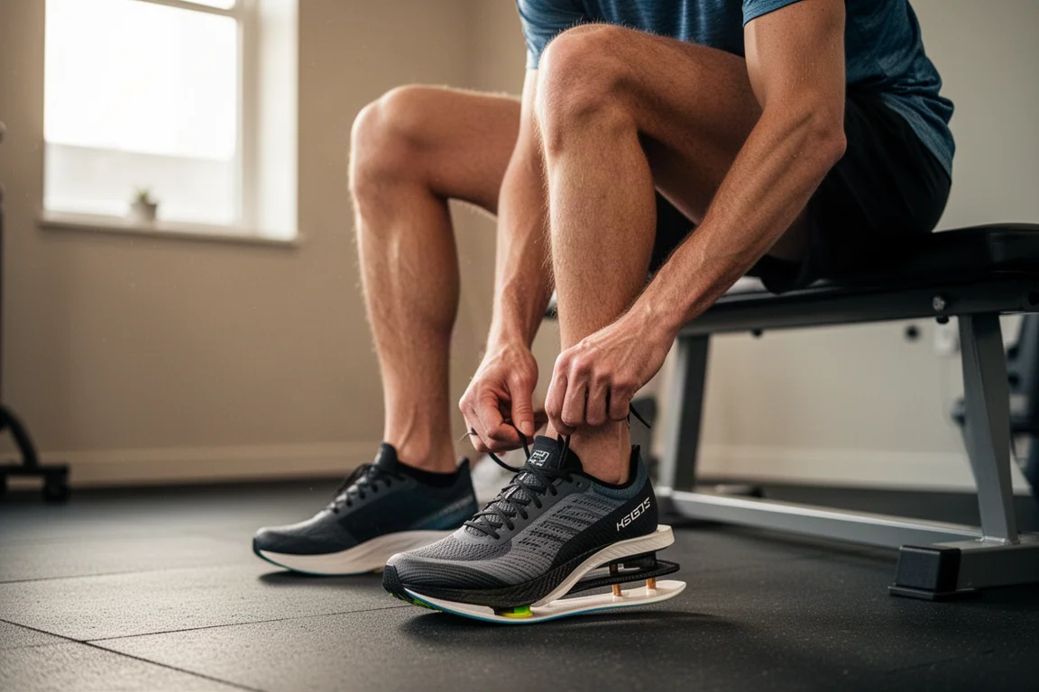 Runner lacing up a tall-stacked racing shoe before a morning workout