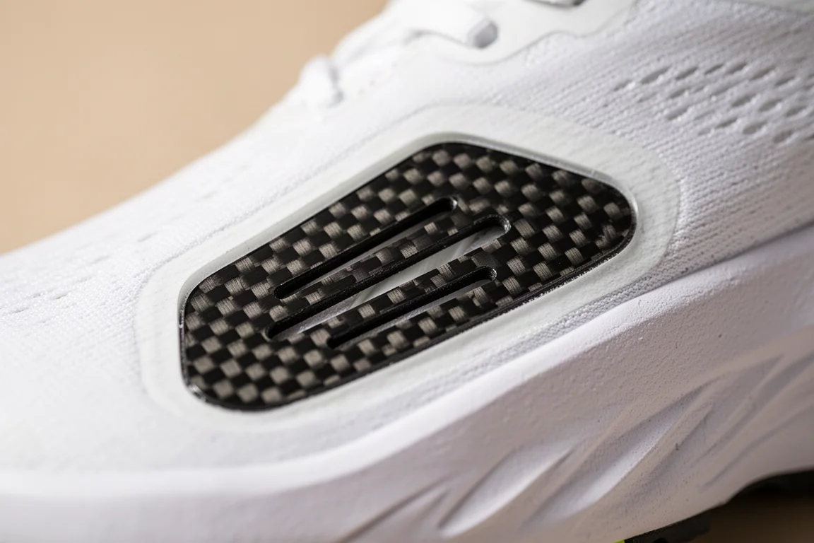 Close-up of a slotted fork carbon plate visible through a midsole cutout