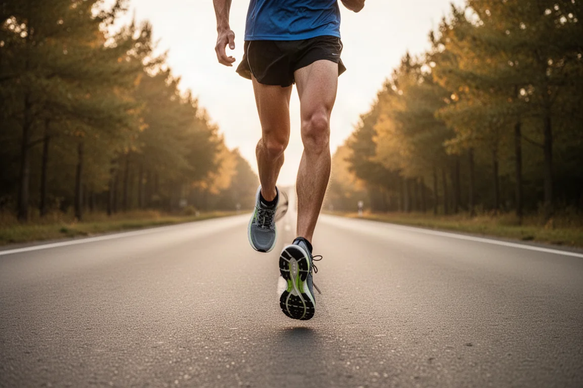 Runner settling into marathon pace on a long quiet road