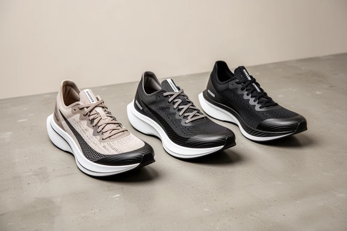 Three racing shoes lined up side by side on a concrete surface