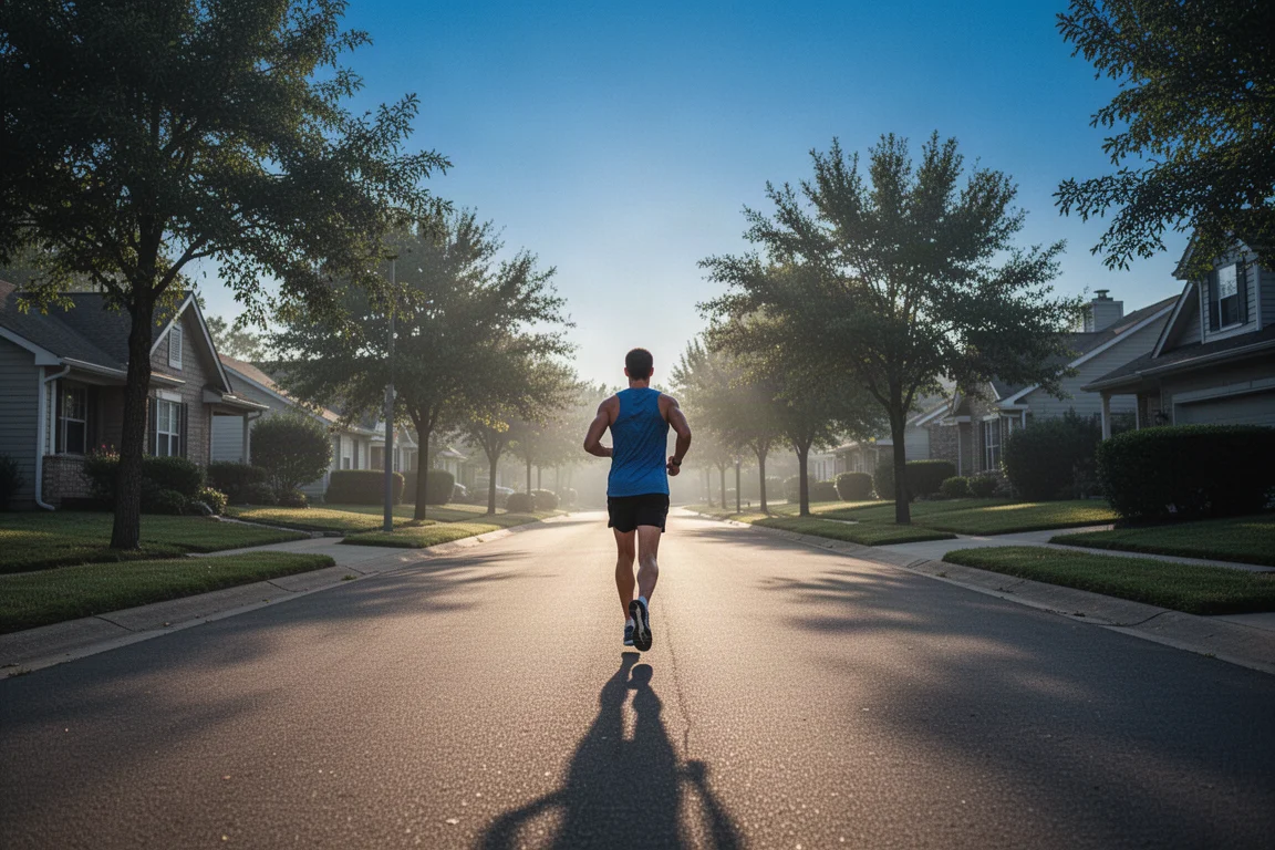 Runner setting out on an early morning long run on quiet suburban roads