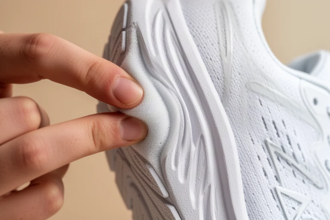 Close-up of a very soft, tall running shoe midsole compressing under pressure
