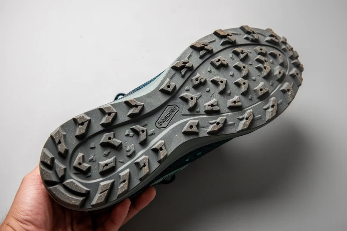 Trail shoe outsole showing unusual lugged layout with divots