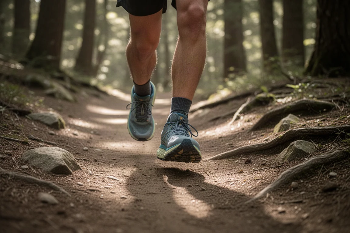 Hiker walking a wooded trail in cushioned trail running shoes