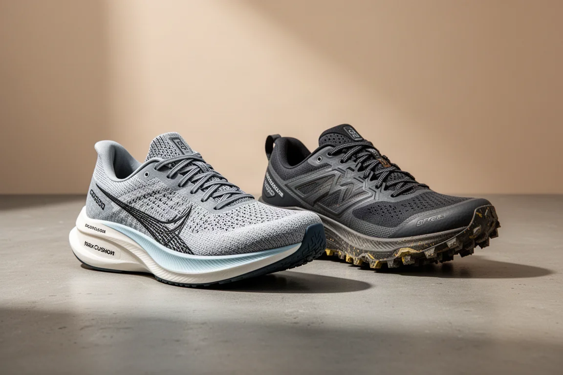 A cushioned carbon road running shoe and a rugged trail running shoe side by side on concrete