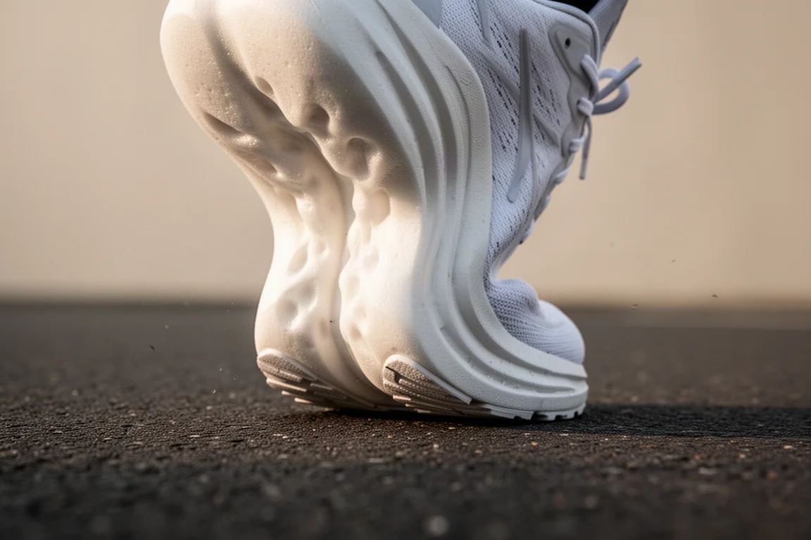 Gros plan sur une semelle intermédiaire en mousse blanche haute d'une chaussure de course se comprimant sous le pied sur la route