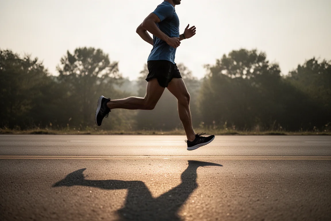 Un coureur effectuant une sortie au rythme soutenue sur une route ouverte à l'aube