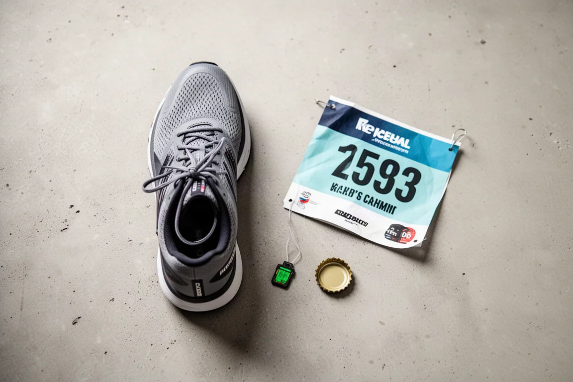 Vue de dessus d'une chaussure de compétition, de lacets et d'essentiels du jour de course sur une surface en béton