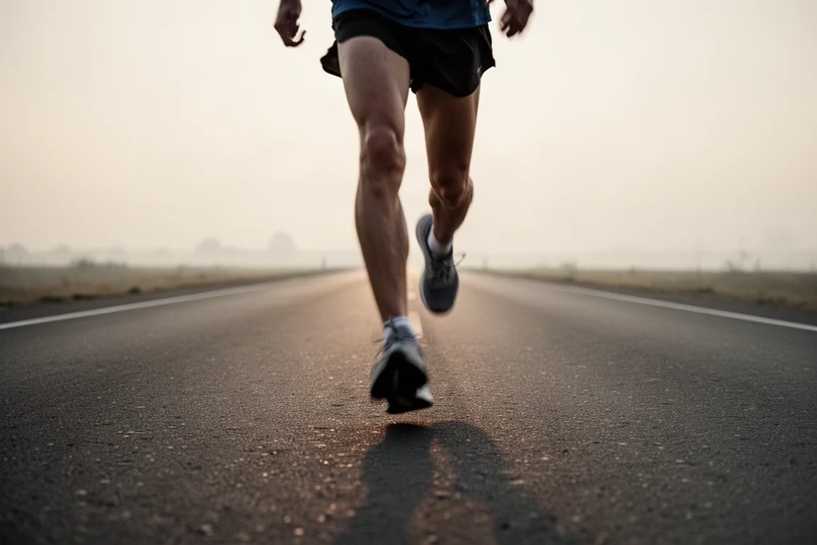 Runner picking up pace on an open road in soft morning light