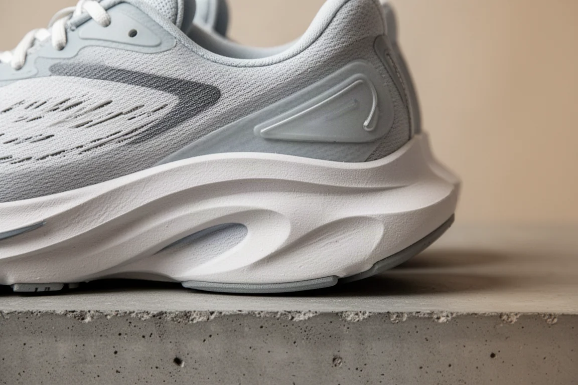 Close-up of a thick high-stack racing shoe midsole on concrete