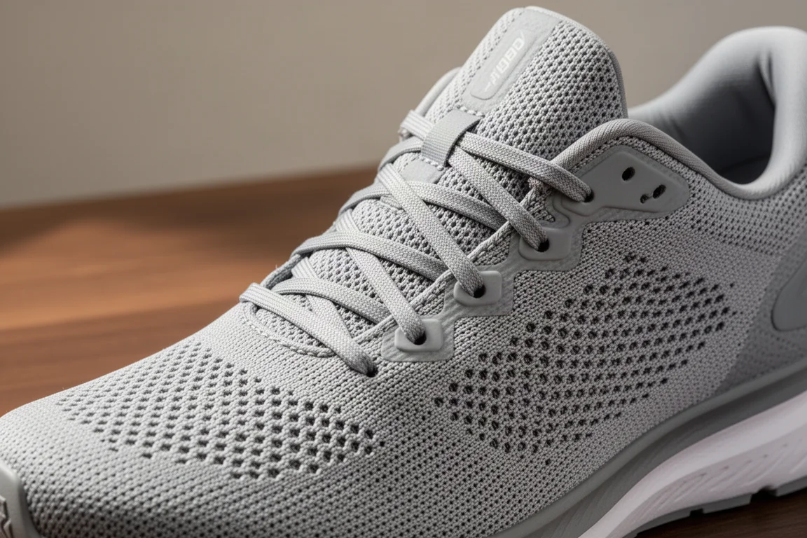 Detail of a snug one-piece mesh upper on a running shoe