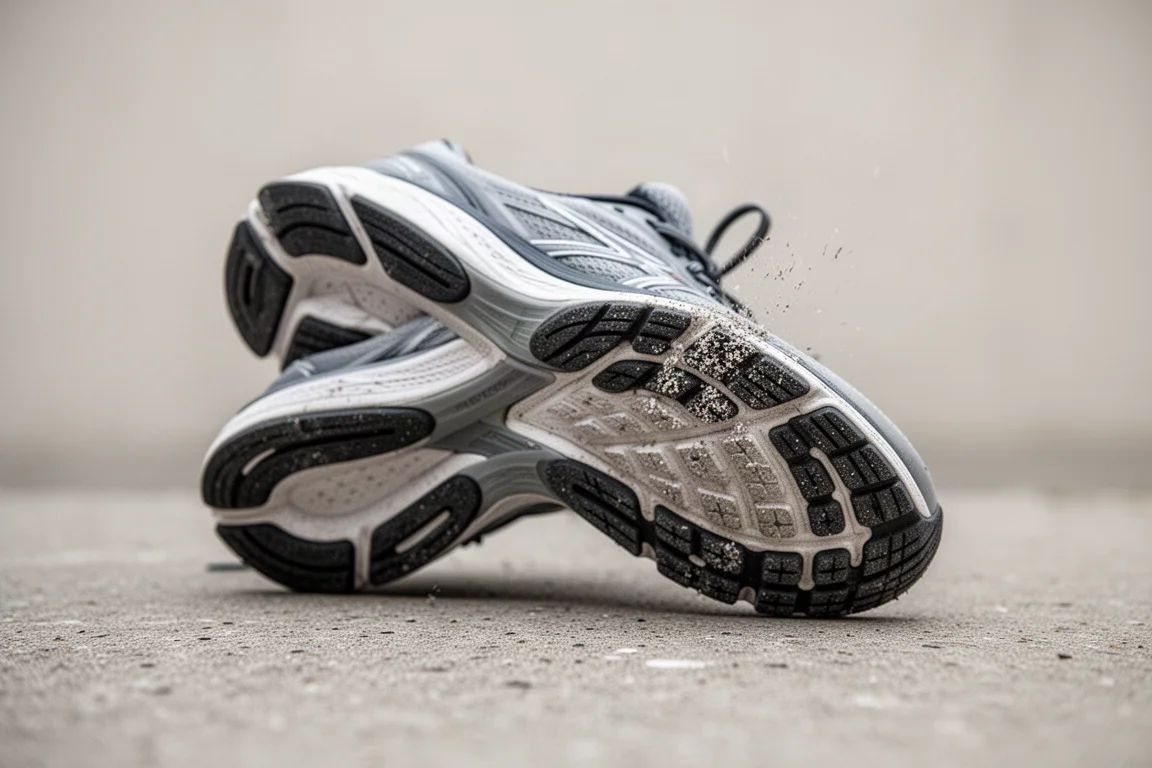 Outsole of a running shoe showing light wear after road miles