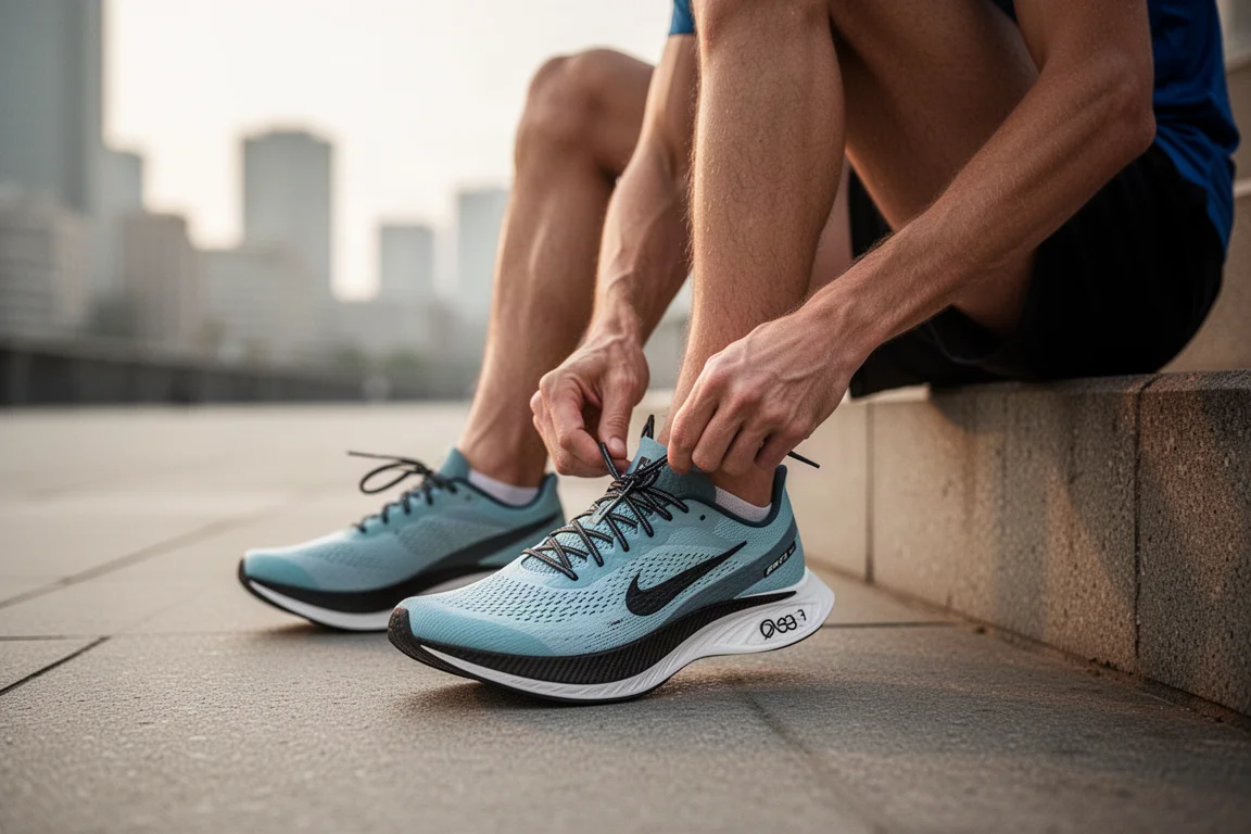 Läufer schnürt auf einem Bürgersteig in der Stadt Carbon-Rennschuhe für eine schnelle Einheit