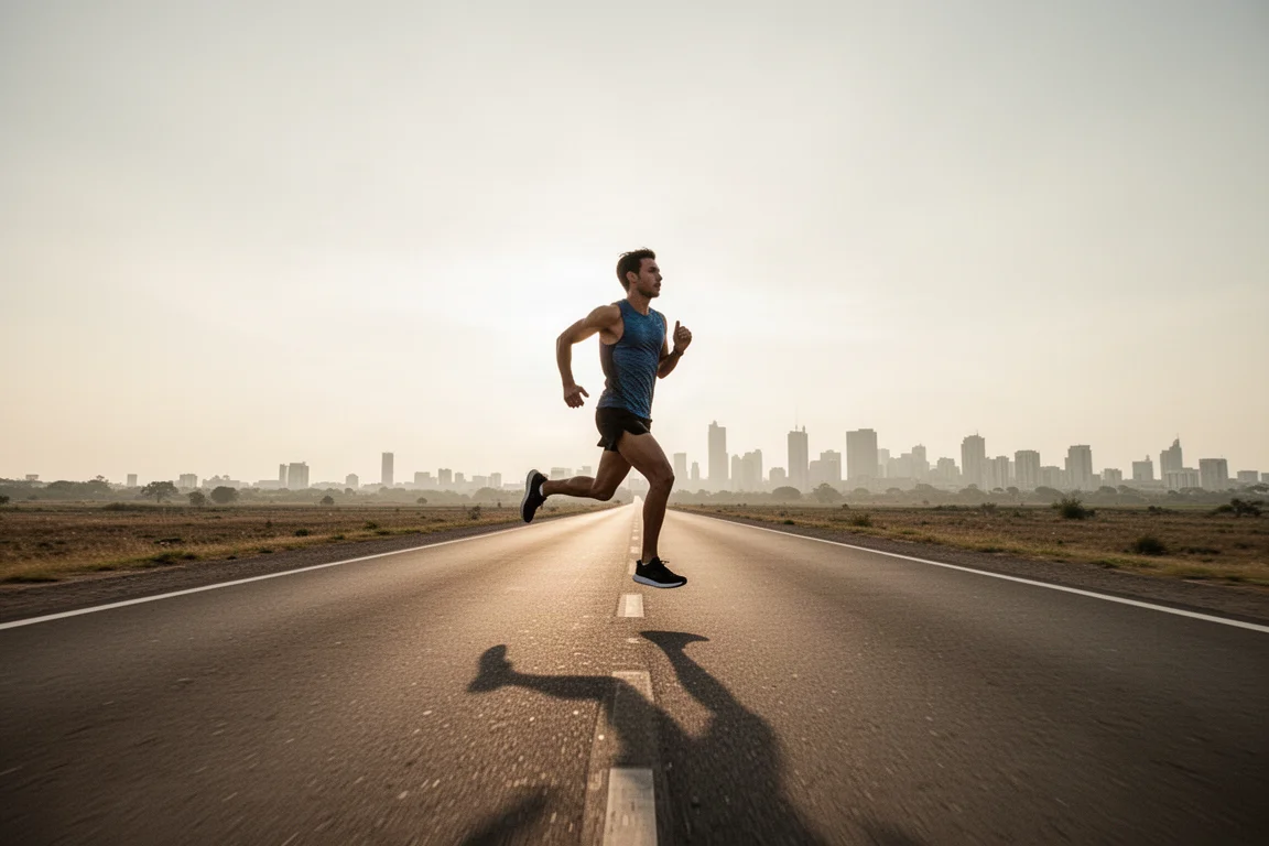 Läufer gleitet flüssig auf einer flachen, geraden Straße im Marathon-Tempo