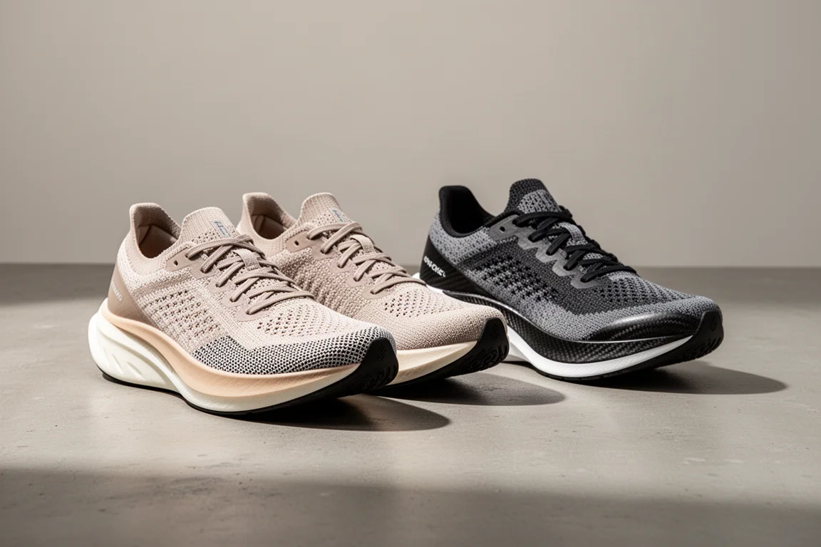 Two pairs of Saucony carbon racing shoes side by side on a concrete surface