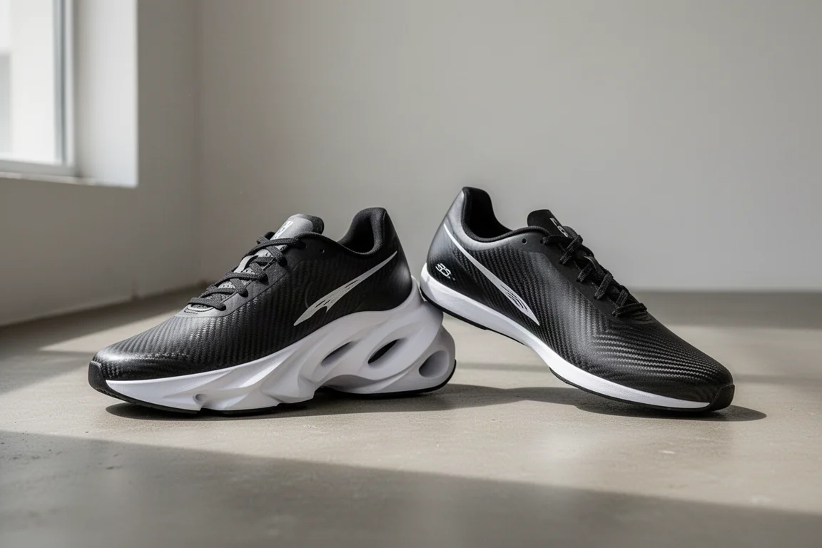 Zwei Carbon-Laufschuhe mit Platte liegen nebeneinander auf einem Betonboden