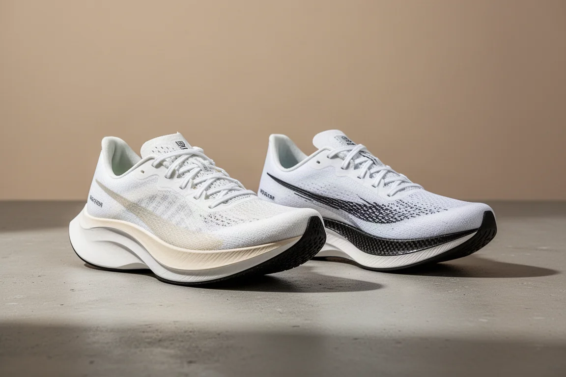 Saucony Endorphin Elite 2 and Nike Vaporfly 4 racing shoes side by side on concrete
