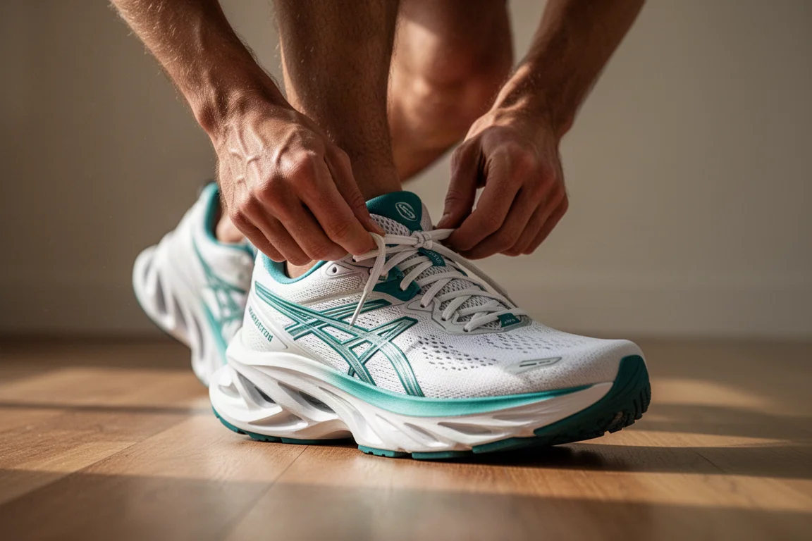 Runner lacing up a white and teal race shoe in early morning light
