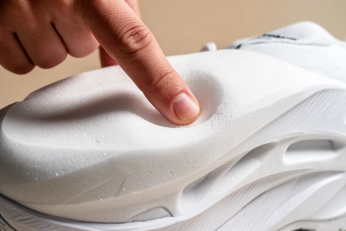 Close-up of a thick sculpted race shoe midsole showing soft foam compression
