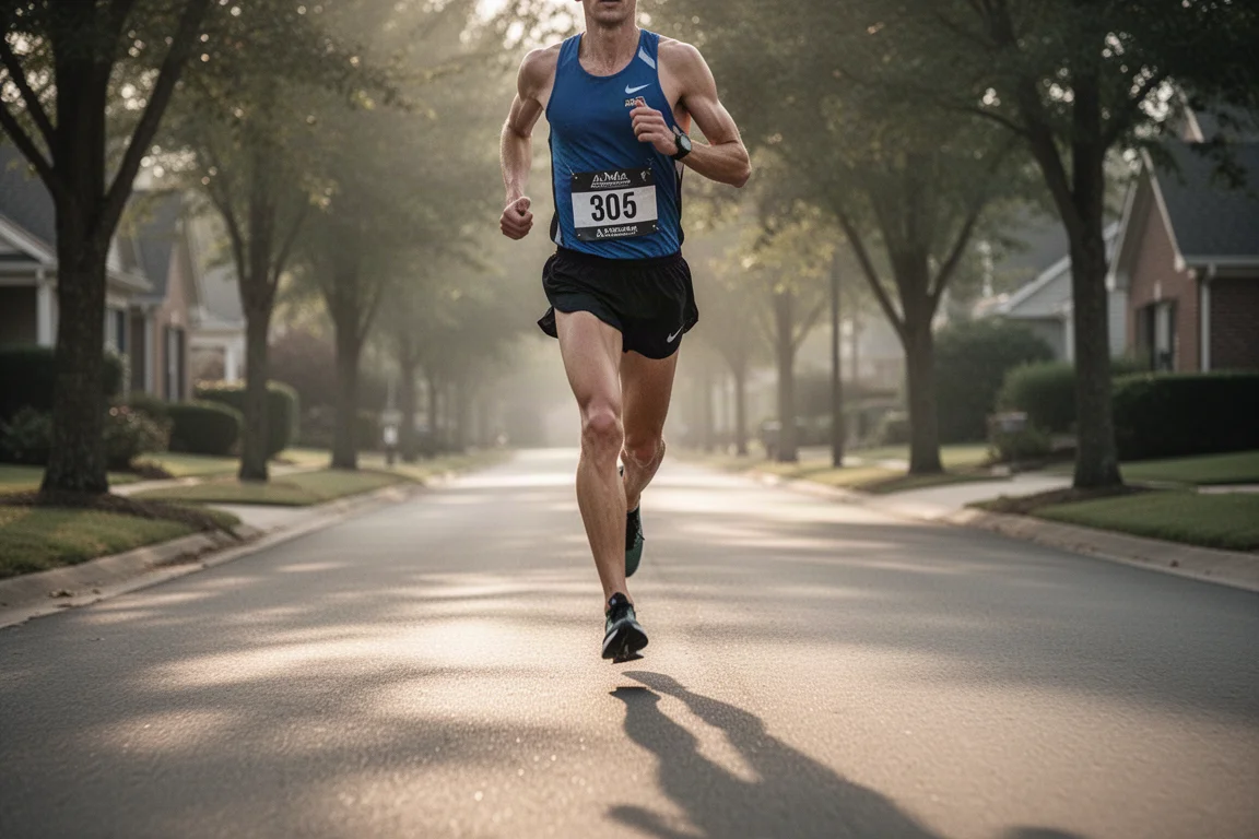 Runner cruising a quiet suburban road at steady pace in soft morning light
