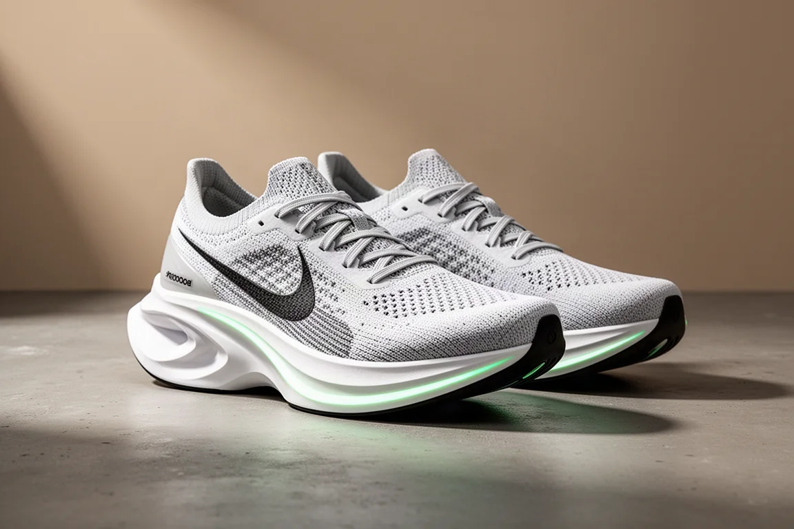 Paar stark gedämpfter Carbon-Laufschuhe für die Straße auf betonter Oberfläche
