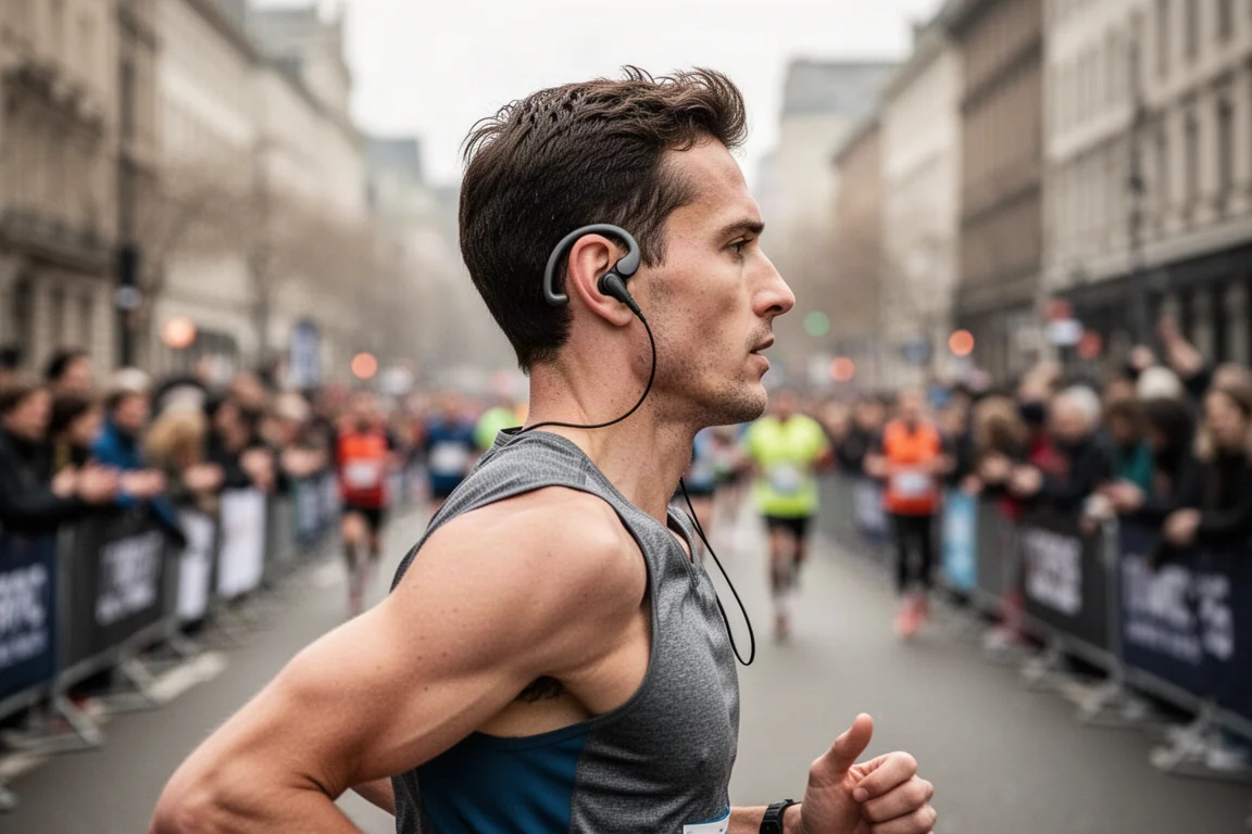 Corridore che indossa cuffie open-ear in una strada affollata del percorso di gara