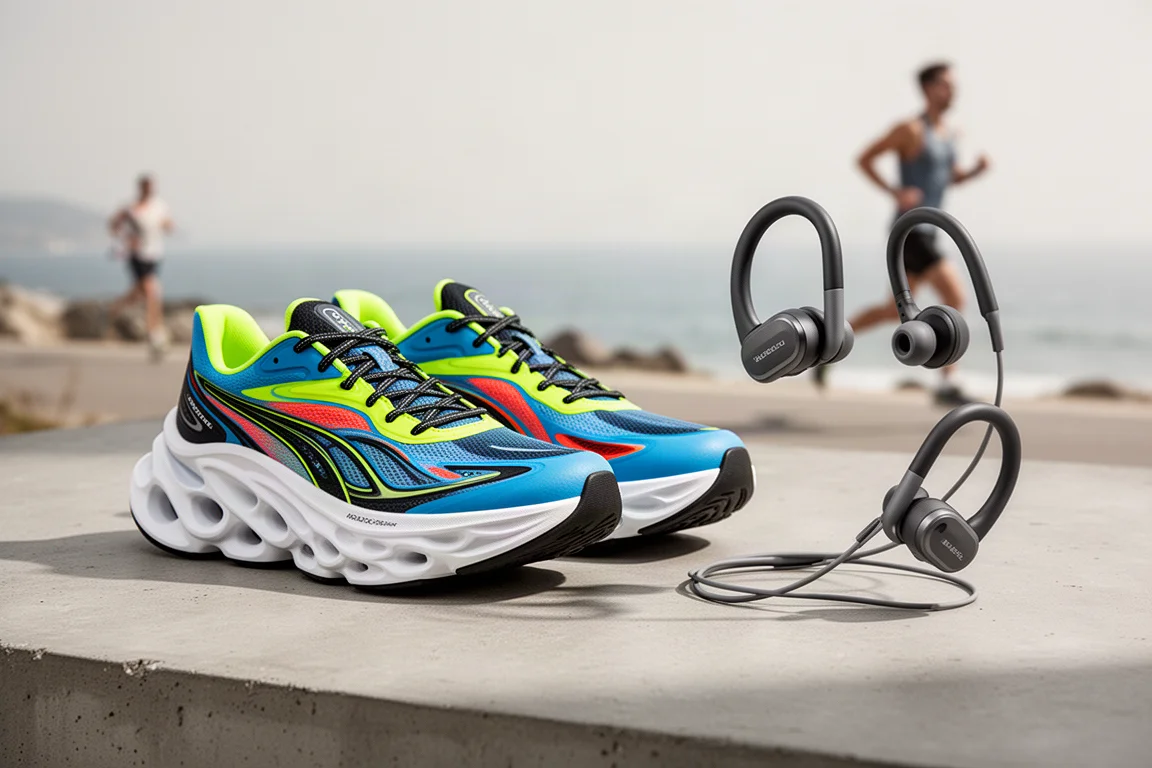 Saucony Endorphin Elite 3 racing shoes and Suunto Spark open-ear headphones on a concrete surface