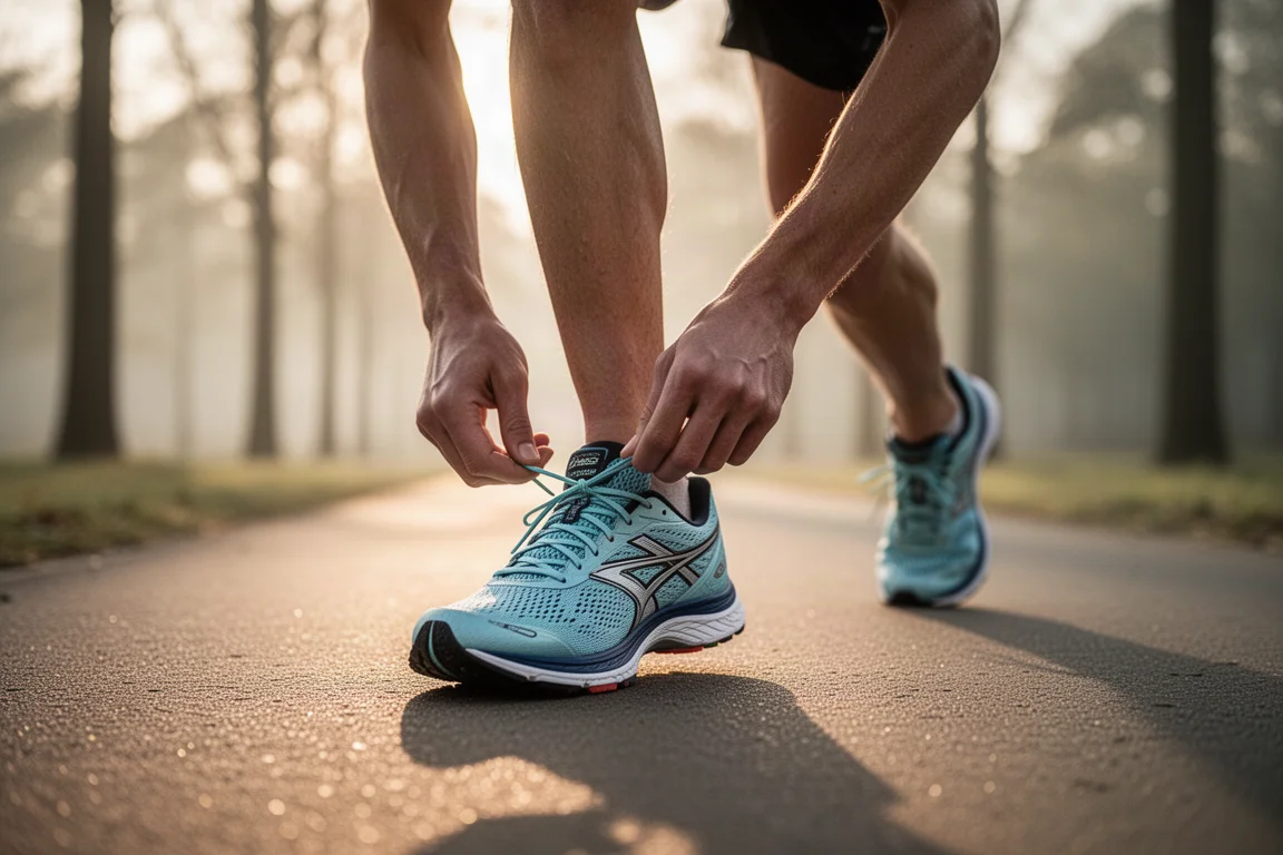 Runner lacing up a lightweight racing shoe before a morning run