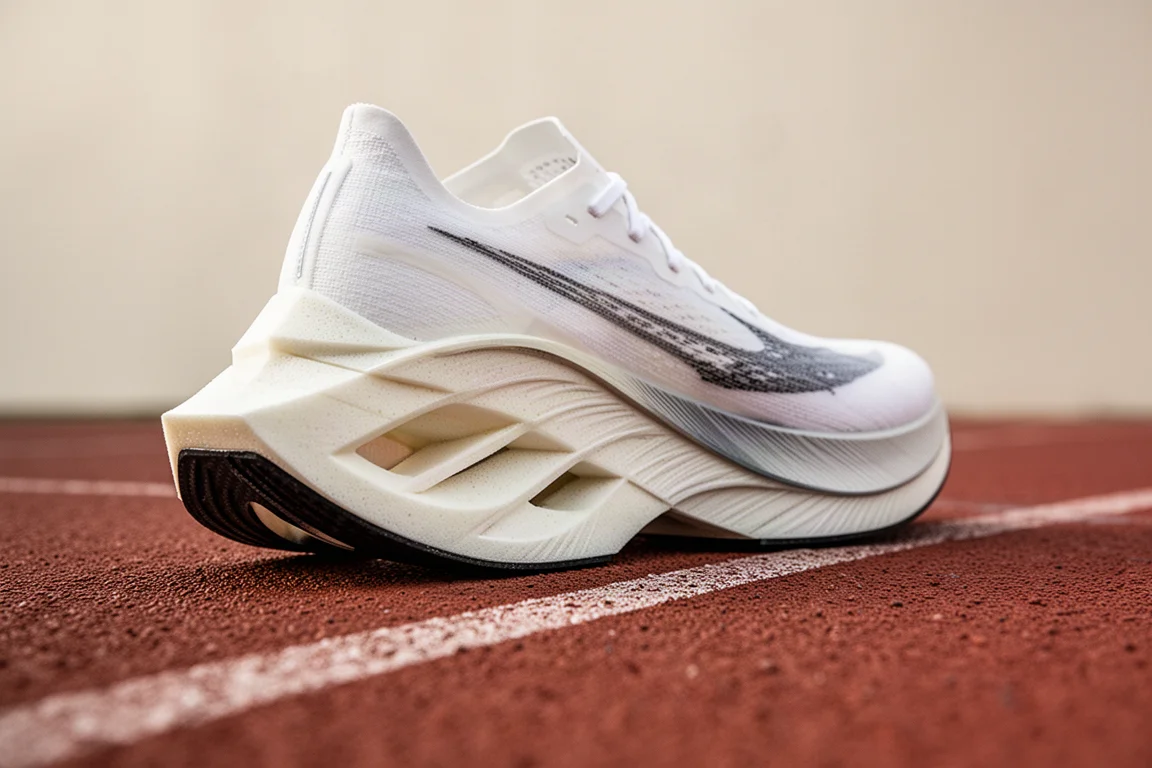 Close-up of a carbon plate racing shoe midsole resting on track surface