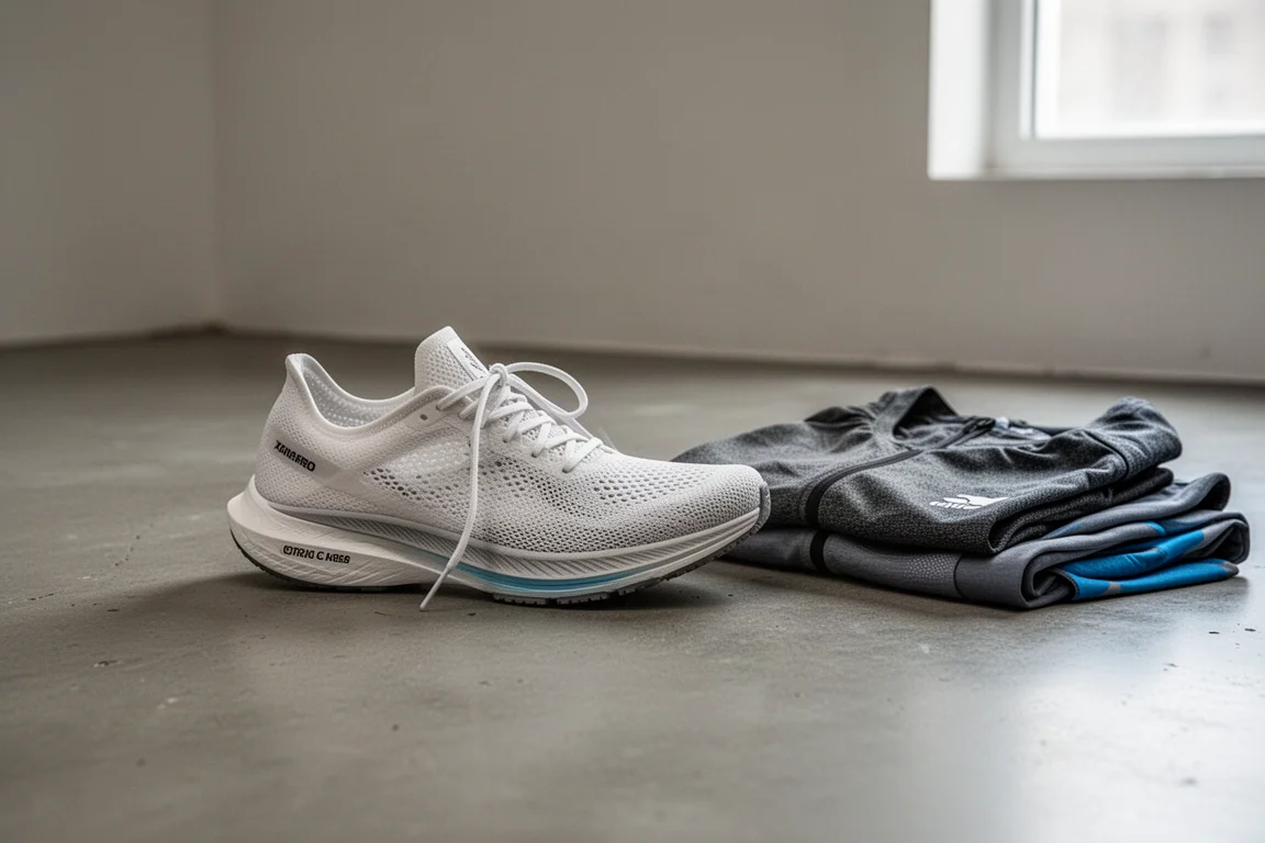 Racing shoe with minimal upper held in hand on neutral surface