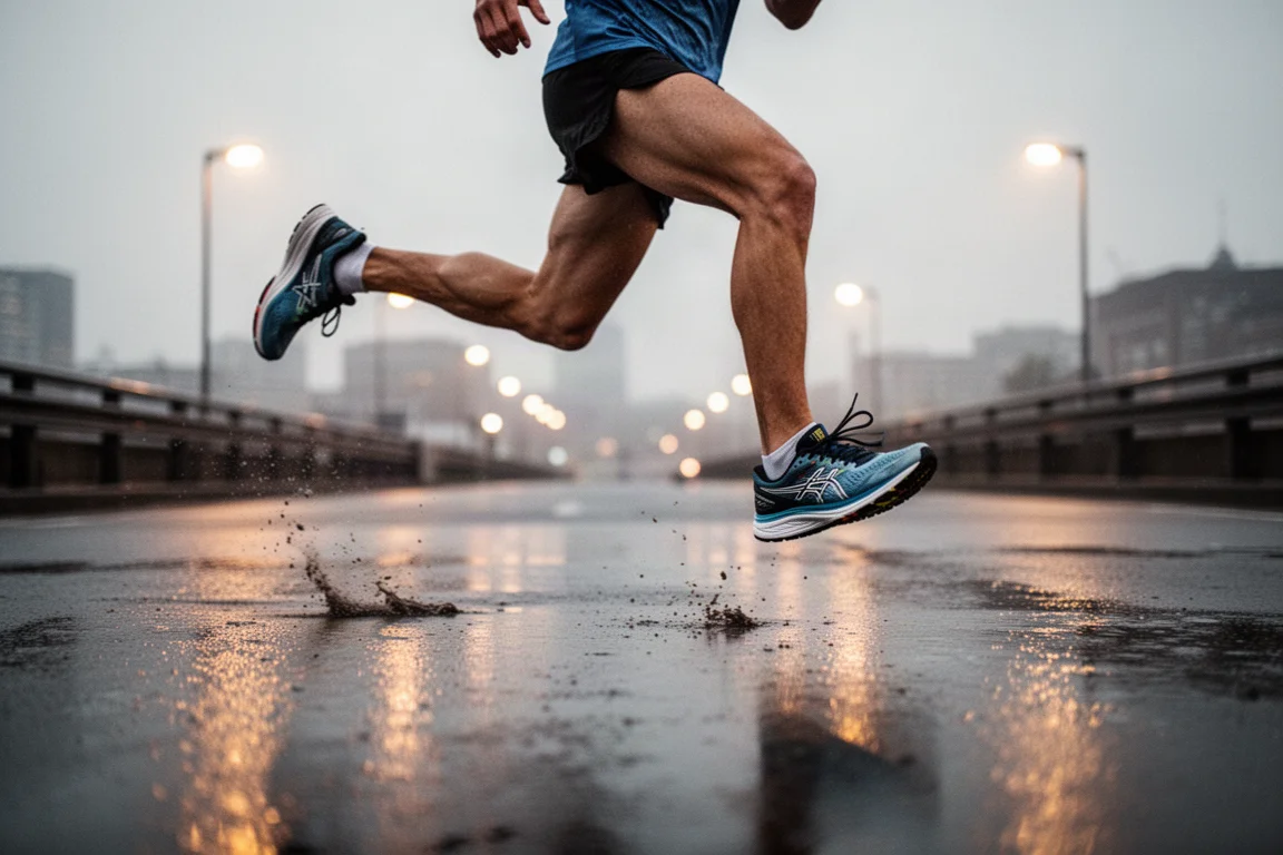 Runner striding on wet road in racing shoes at dusk