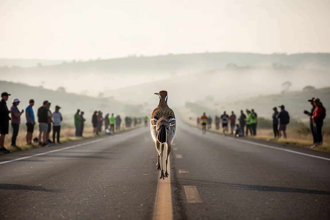 Biegacz szosowy pokonujący długi dystans ultra maratonu w porannym świetle