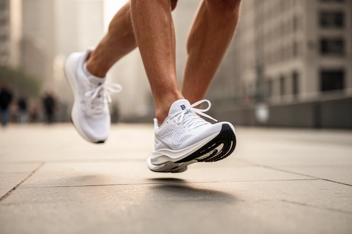 Runner's feet in lightweight racing shoes striding along smooth city pavement in morning light