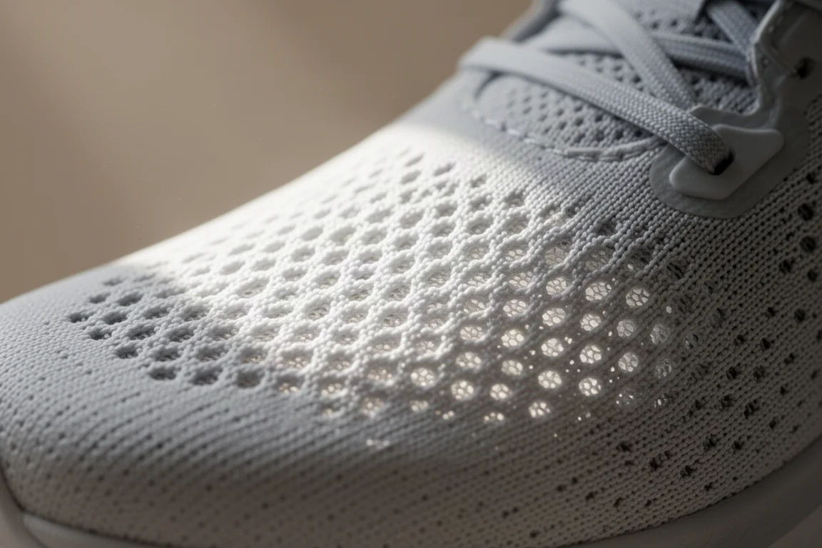 Close-up of an airy knit running shoe upper showing its breathable mesh-like texture