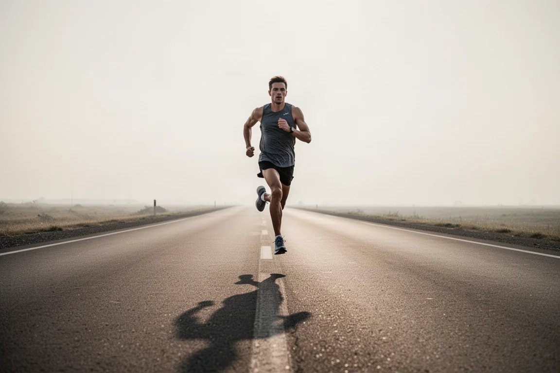 Runner picking up pace on an open road during a tempo training session