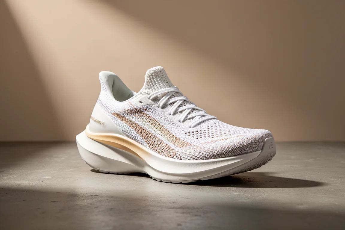 White premium running shoe with thick midsole at a three-quarter angle on concrete