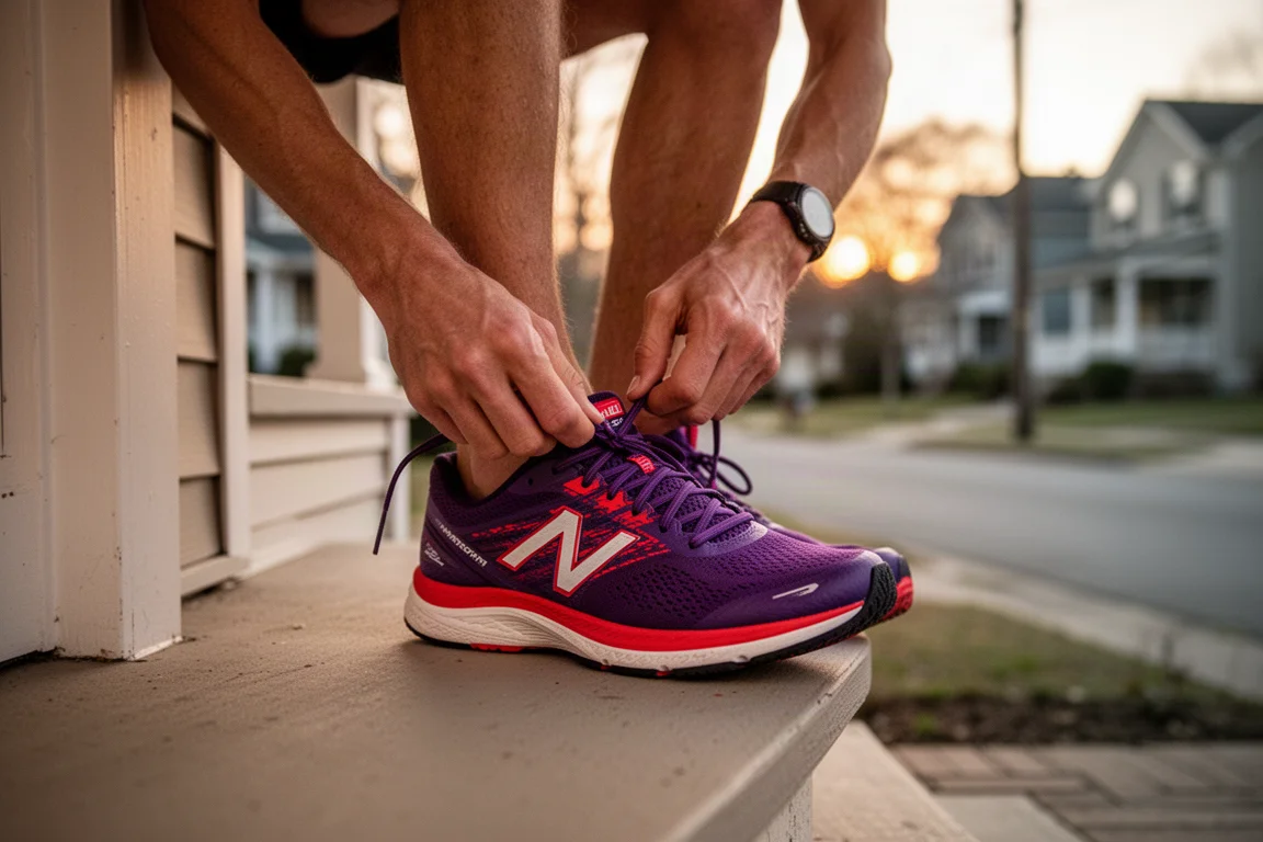 Runner lacing up a purple and red racing shoe before an early morning tempo run