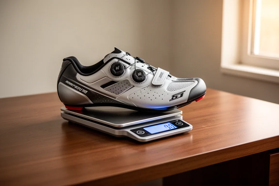 Digital scale showing a racing shoe during a weigh-in