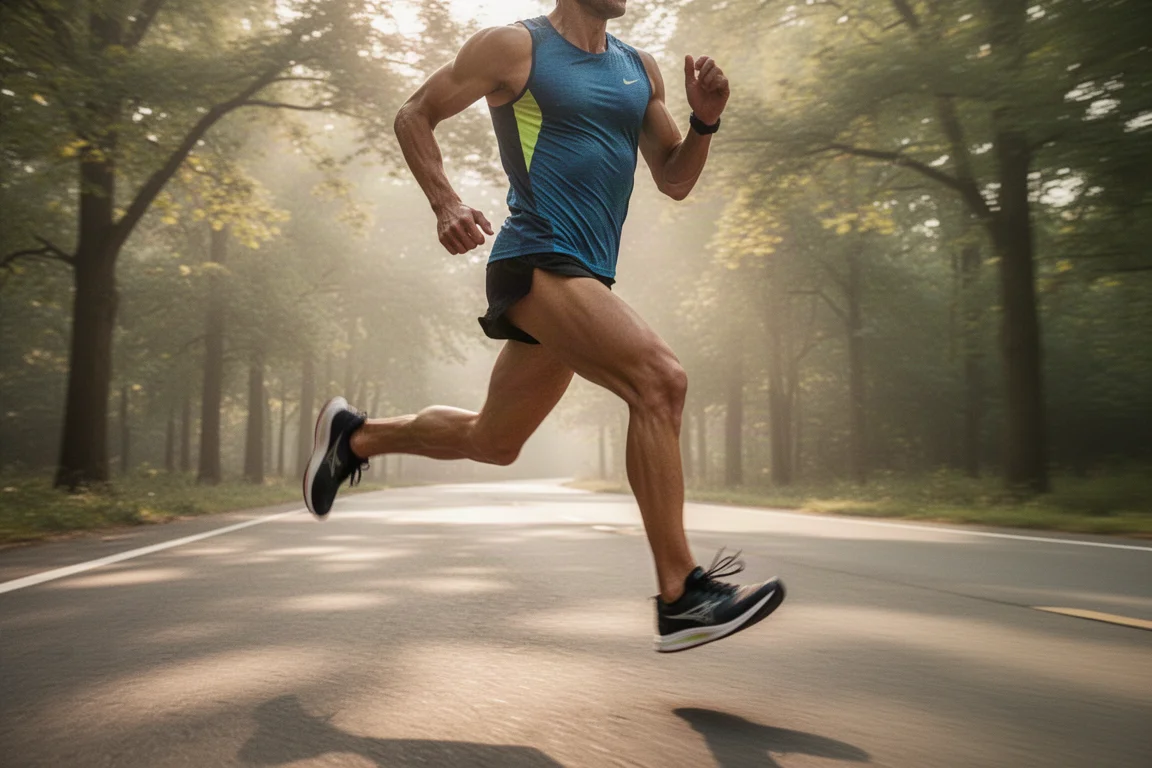 Runner holding tempo pace on an open road in soft daylight