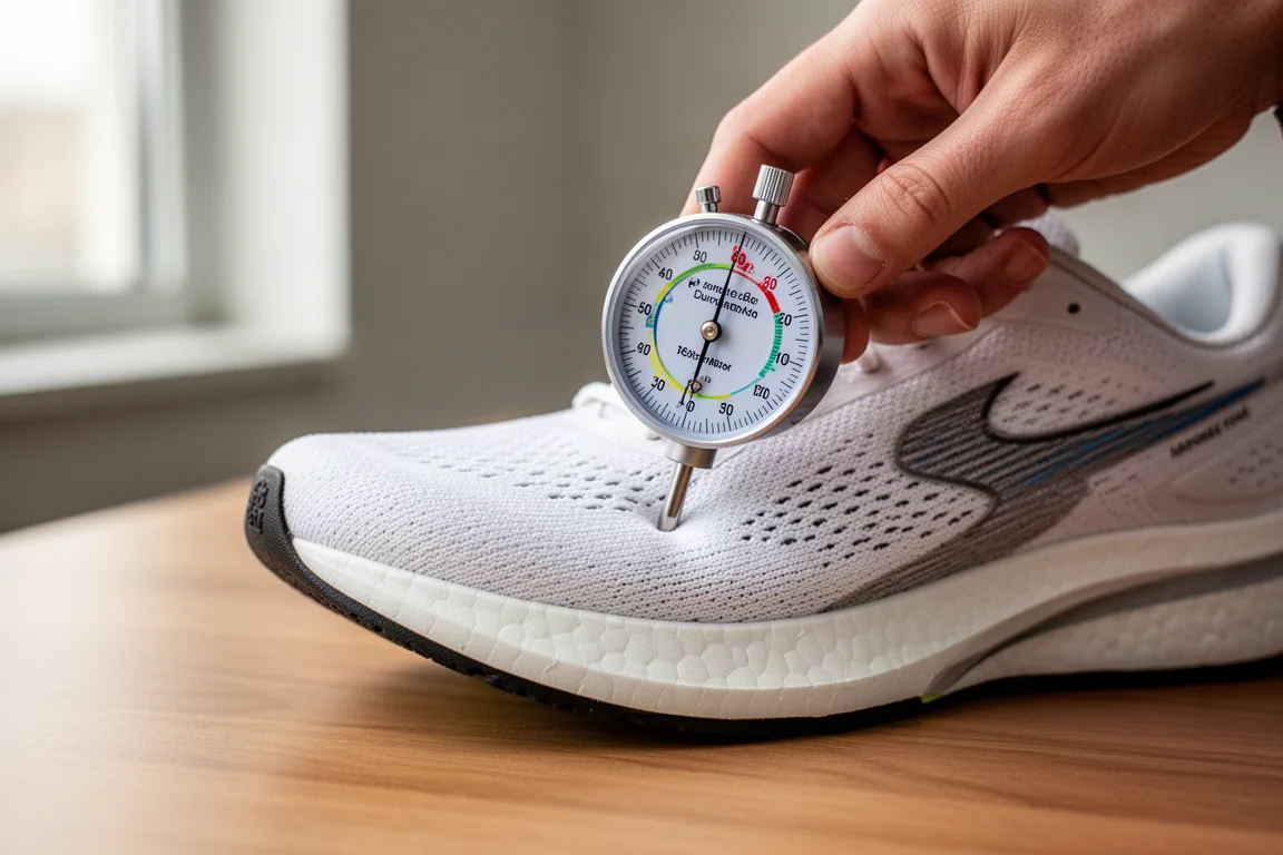 Durometer gauge pressed into a shoe midsole during a foam firmness test