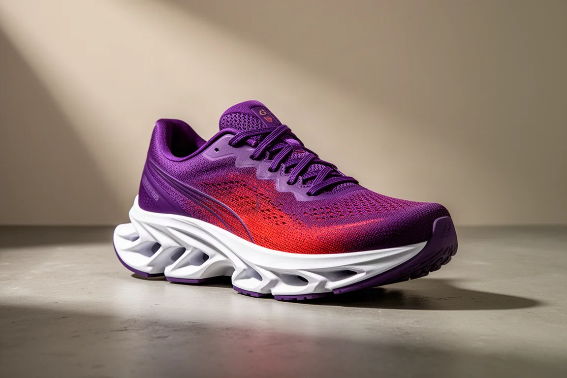 紫紅色鞋面的 Saucony Endorphin Elite 競賽跑鞋置於水泥地上